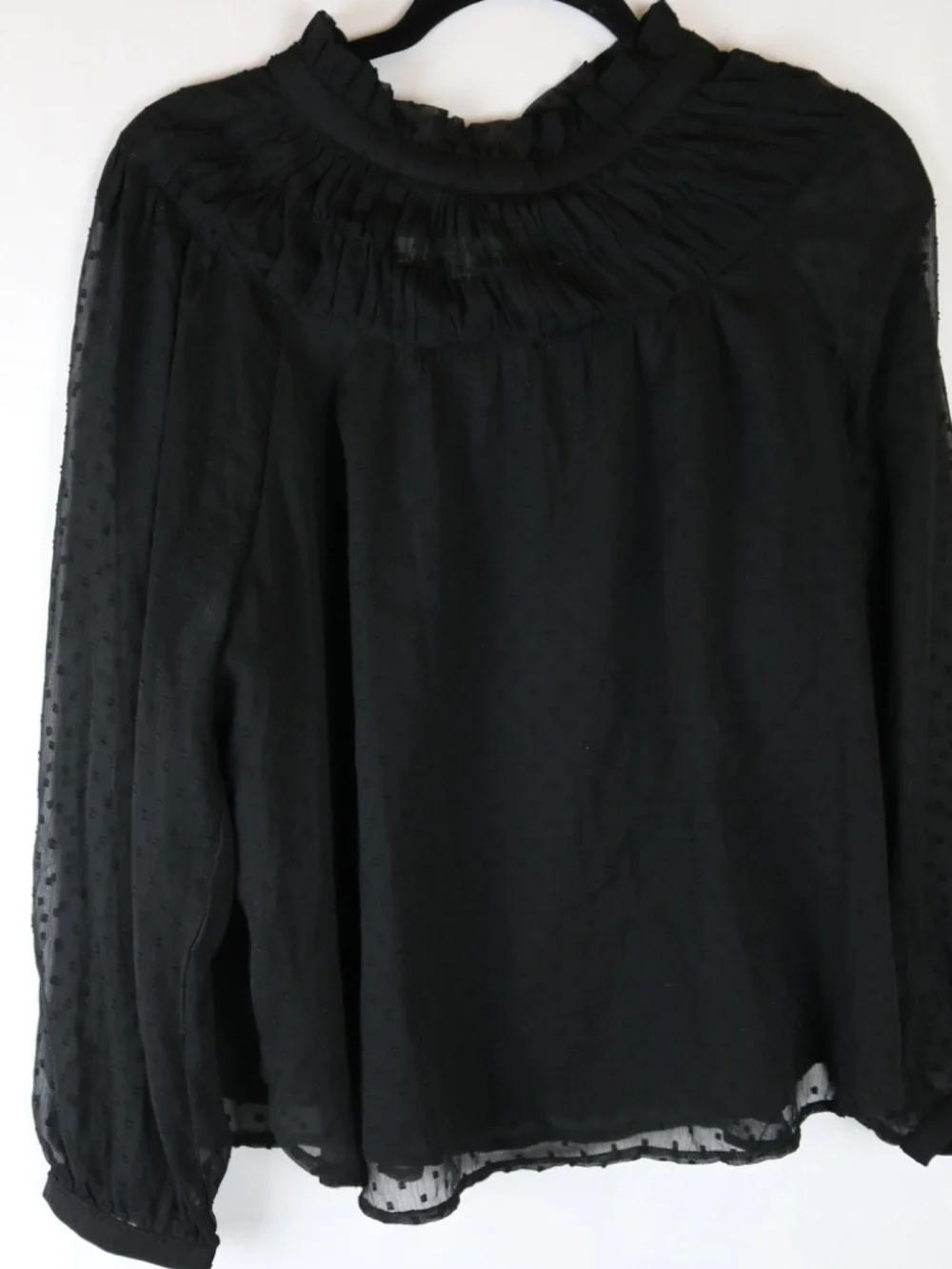 LOFT Black Sheer Dot Blouse with Ruffled Yoke